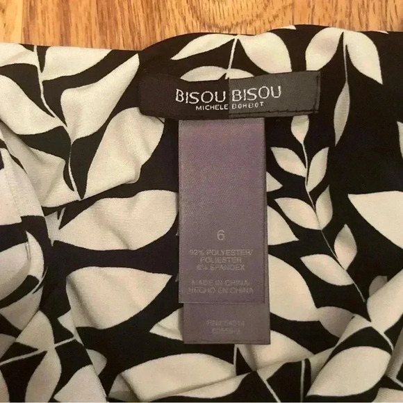 Bisou Bisou Michele Bombot Black And Cream Leaf Pattern Scoopneck Dress Size 6 - Picture 4 of 9